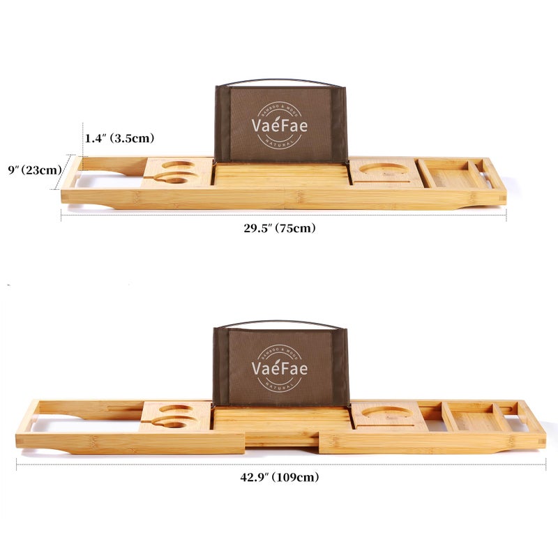 VaeFae Bamboo Bathtub Caddy Tray, Expandable Bath Tray for Tub with Upgraded Wine Slots and Book Holder - Ideal for One or Two Person Use - Image 3